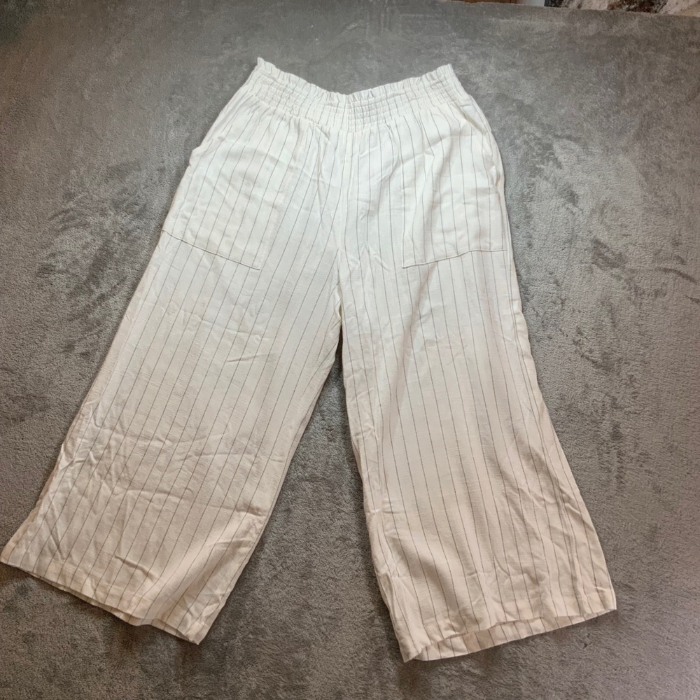 Allie Rose Striped Linen Pants Womens Large Cropped Wide Leg